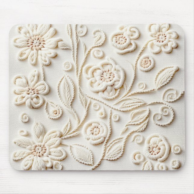 Ivory Embroidered Floral Design Mouse Mat (Front)