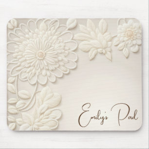 Ivory Embroidered Floral With Name Mouse Mat