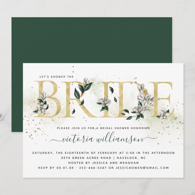 Ivory Emerald Gold Magnolia Floral Bridal Shower Invitation (Front/Back)
