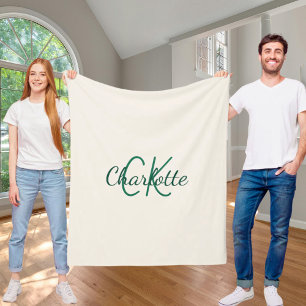 Ivory emerald green monogram fleece blanket