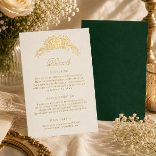 Ivory Emerald Green Regency Wedding Details Card