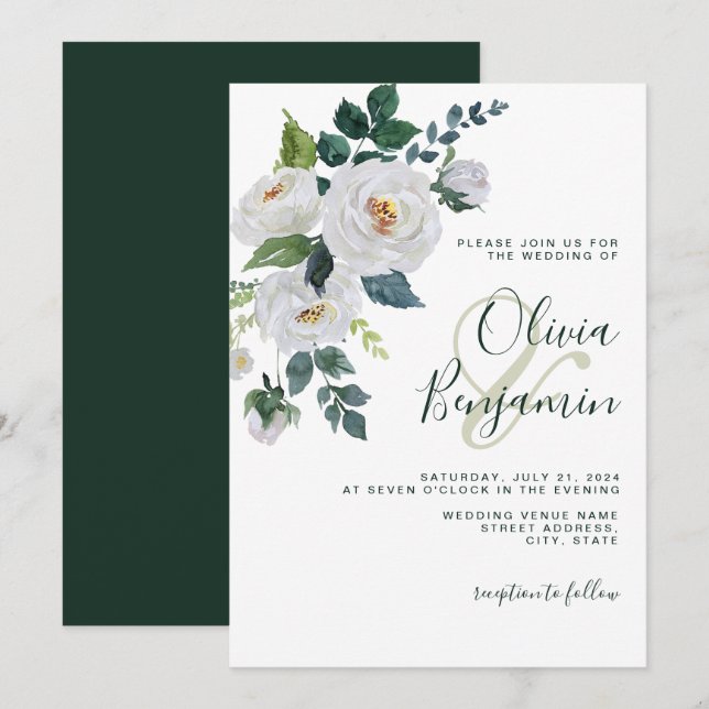 Ivory Emerald Green White Floral Elegant Wedding Invitation (Front/Back)