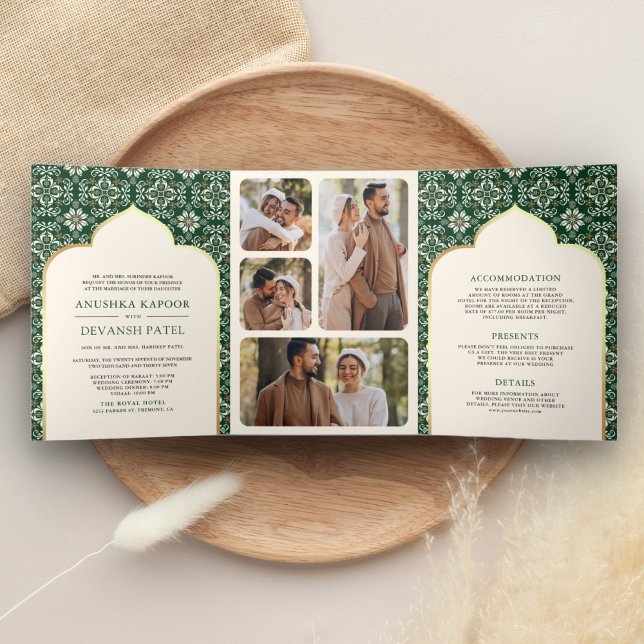 Ivory Emerald Pattern All in One Indian Wedding Tri-Fold Invitation (Creator Uploaded)
