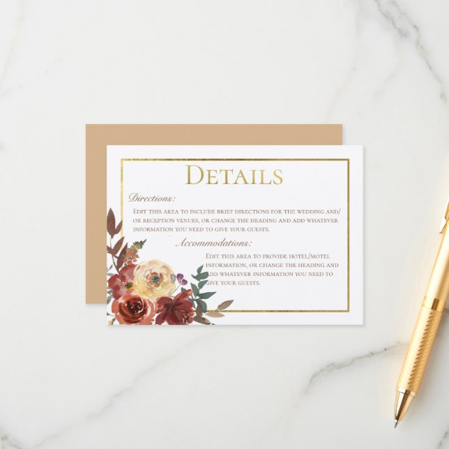 Ivory Fall Floral Bouquet with Gold Details Enclosure Card (Front/Back In Situ)