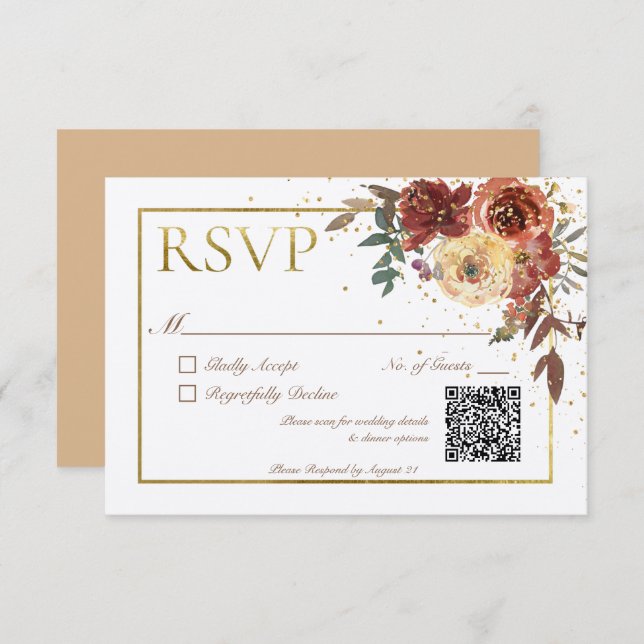 Ivory Fall Floral Bouquet with Gold QR Code RSVP Card (Front/Back)