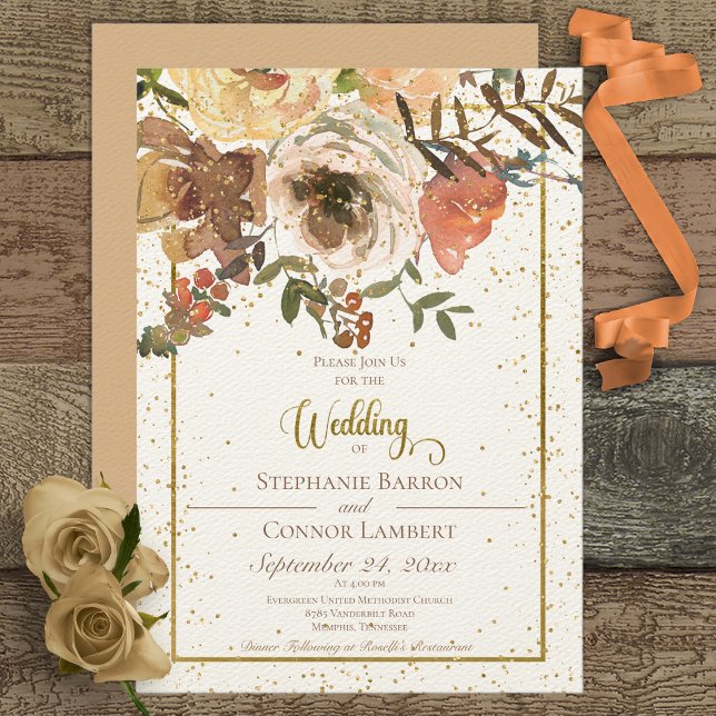 Ivory Fall Floral Bouquet with Gold Wedding Invitation (Creator Uploaded)