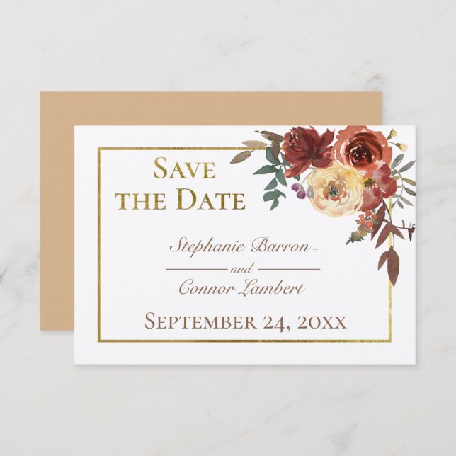 Ivory Fall Floral Bouquet with Gold Wedding Save The Date (Front/Back)