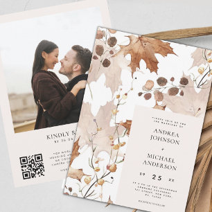 Ivory Fall Leaves Photo QR Code All in One Wedding Invitation