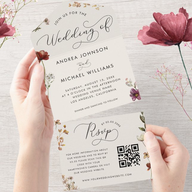 Ivory Fall Wildflowers QR Code Autumn Wedding All In One Invitation (Creator Uploaded)