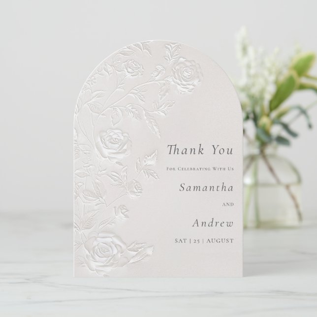 Ivory Faux Blind Embossed Arch Wedding Thank You Invitation (Standing Front)