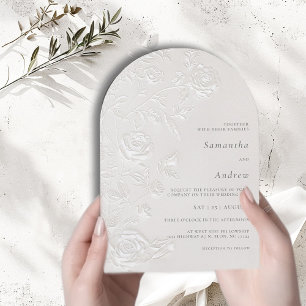 Ivory Faux Blind Embossed Rose Floral Arch Wedding Invitation
