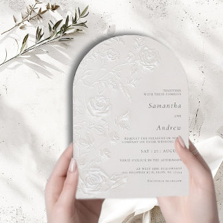 Ivory Faux Blind Embossed Rose Floral Arch Wedding Invitation