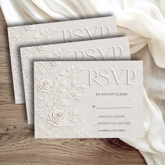 Ivory Faux Blind Embossed Rose Wedding RSVP Card