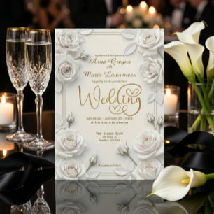 Ivory Faux Embossed 3D White Rose Floral Wedding Invitation