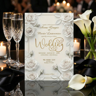 Ivory Faux Embossed 3D White Rose Floral Wedding Invitation