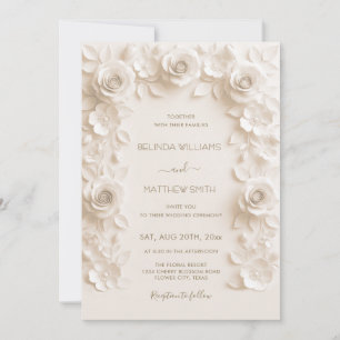 Ivory Faux Relief Roses Frame Wedding Invitation