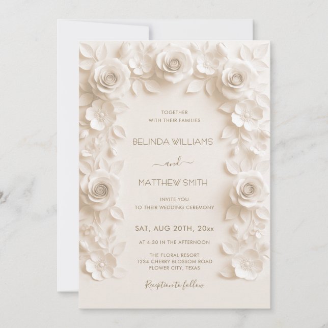 Ivory Faux Relief Roses Frame Wedding  Invitation (Front)