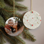 Ivory Festive Botanical Photo Ceramic Tree Decoration<br><div class="desc">A joyfully hand-painted festive botanical photo ceramic ornament. Customise with your own family photo and signature to cherish year after year!</div>