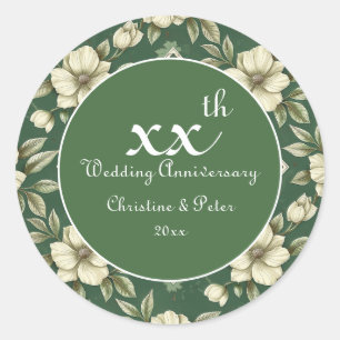 Ivory Floral and Emerald Wedding Anniversary Classic Round Sticker