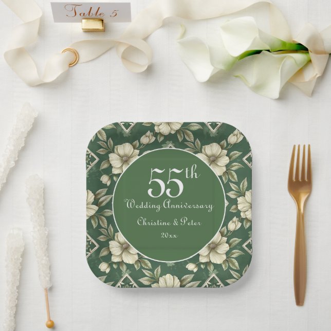 Ivory Floral and Emerald Wedding Anniversary Paper Plate (Wedding)