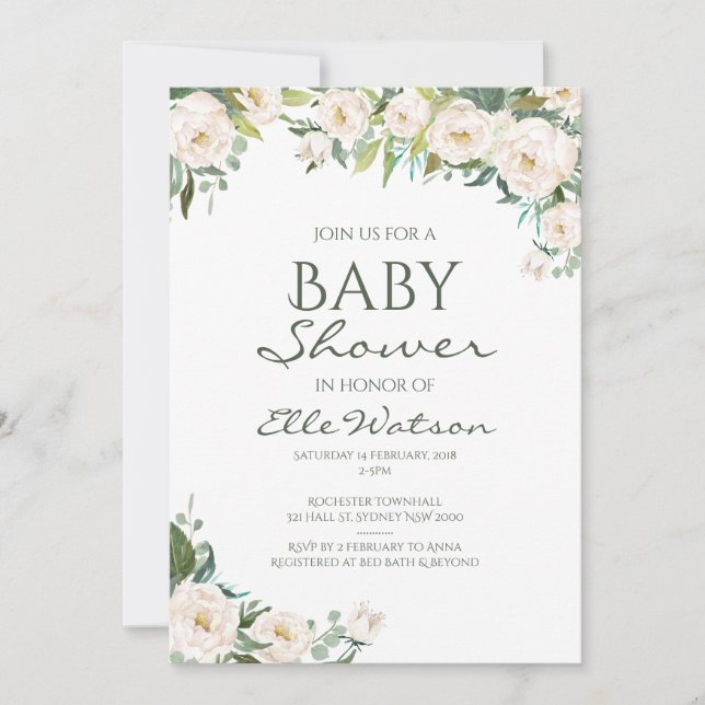 Ivory Floral Baby Shower Invitation (Front)