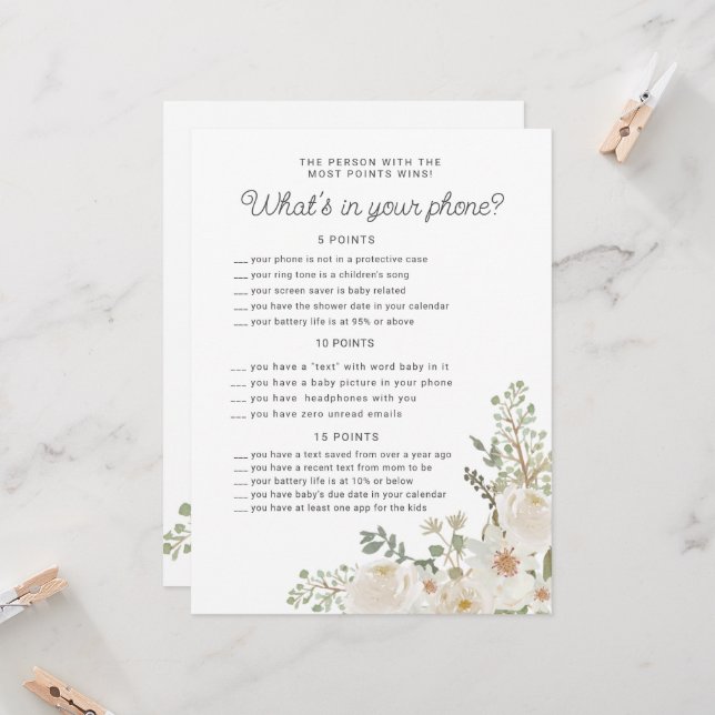 Ivory Floral Baby Shower Phone Game Card (Front/Back In Situ)