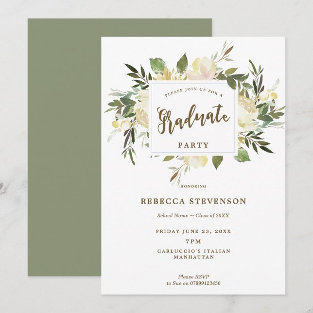 ivory floral boho graduation party invitation (Front/Back)