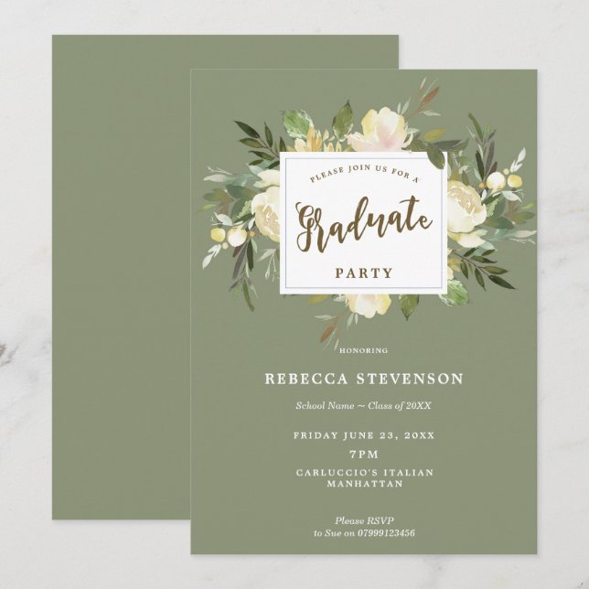 ivory floral boho graduation party invitation (Front/Back)