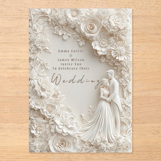 🤍 Ivory Floral Border Bride Groom Wedding Theme  Acrylic Invitations (Front)