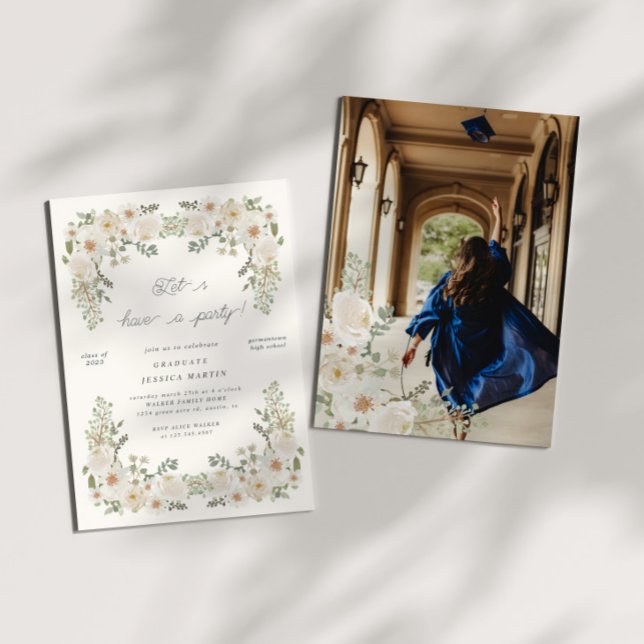 Ivory Floral Border Photo Graduation Party Invite (Creator Uploaded)