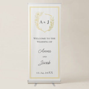 Ivory Floral Crest Monogram Welcome Wedding Retractable Banner