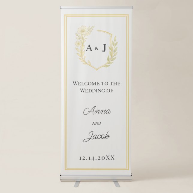 Ivory Floral Crest Monogram Welcome Wedding Retractable Banner (Front)