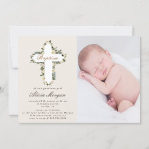ivory floral cross baptism photo invitation