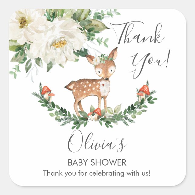 Ivory Floral Deer Fawn Baby Shower Birthday Favour Square Sticker (Front)