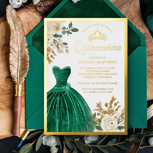 Ivory Floral Emerald Green Gown Quinceanera Gold (Creator Uploaded)