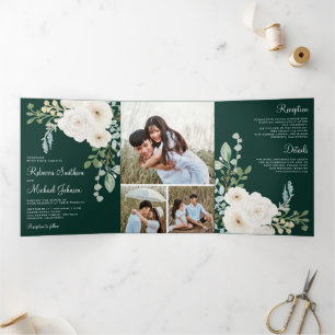 Ivory Floral Emerald Green Photo Collage Wedding Tri-Fold Invitation