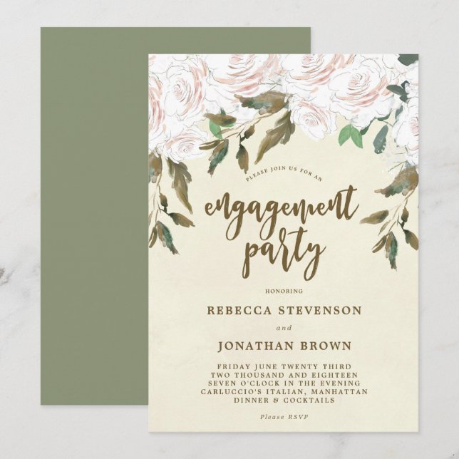Ivory floral engagement party invitation (Front/Back)