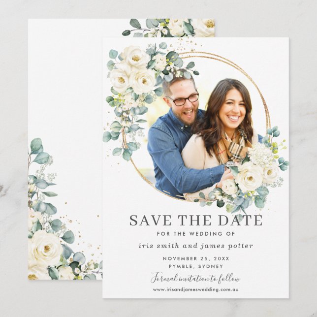 Ivory Floral Eucalyptus Photo Save the Date Card (Front/Back)