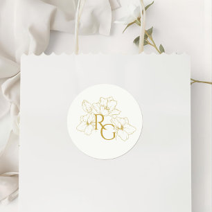 Ivory   Floral Faux Gold Monogram Wedding  Classic Round Sticker