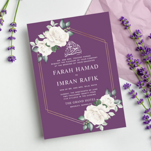 Ivory Floral Frame Purple Islamic Muslim Wedding Invitation (Creator Uploaded)