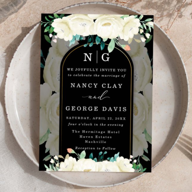 Ivory Floral Garden Monogram Black Wedding Invitation (Creator Uploaded)