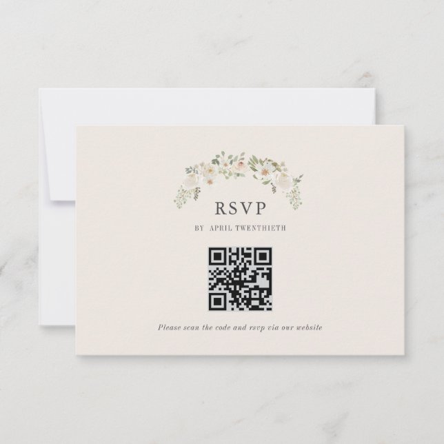 Ivory Floral Garden Wedding RSVP QR code Card (Front)