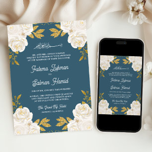  Ivory Floral Gold Dusty Blue Muslim Wedding Invitation
