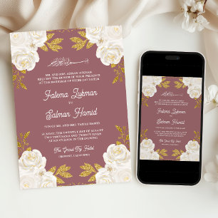 Ivory Floral Gold Dusty Rose Pink Muslim Wedding Invitation