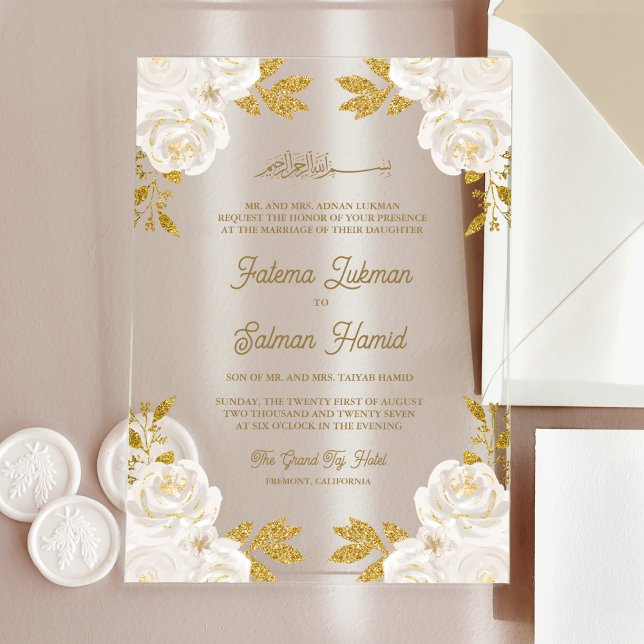  Ivory Floral Gold Glitter Islamic Muslim Wedding Acrylic Invitations (Creator Uploaded)