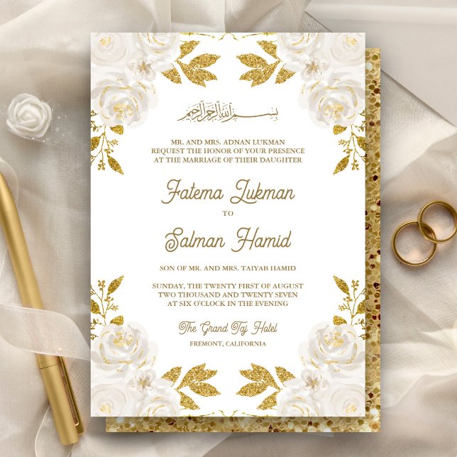  Ivory Floral Gold Glitter Islamic Muslim Wedding Invitation (Creator Uploaded)