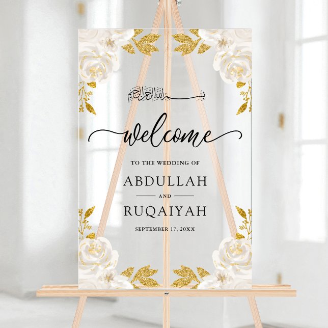  Ivory Floral Gold Muslim Wedding Welcome Acrylic Sign (Creator Uploaded)