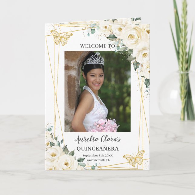 Ivory Floral Gold Quinceañera Order of Event Programme (Front)