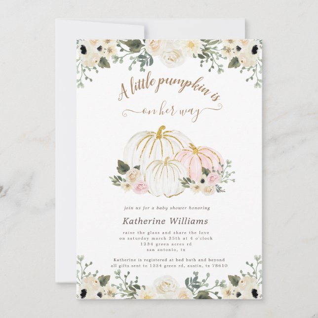 ivory floral golden pumpkin baby shower invitation (Front)