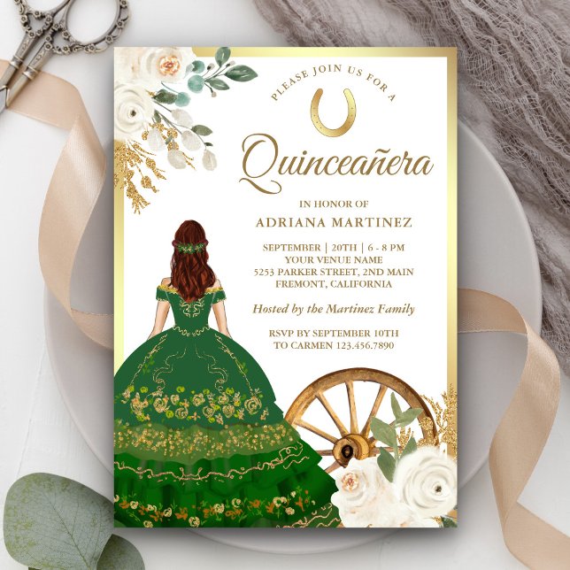 Ivory Floral Green Dress Charro Gold Quinceanera Invitation (Creator Uploaded)